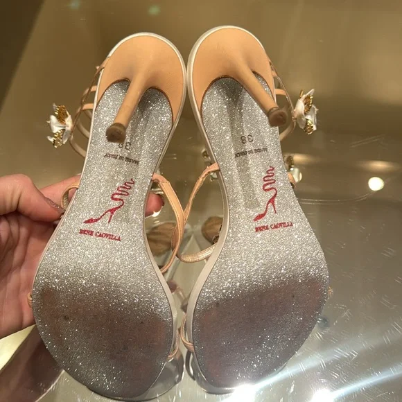 Rene Caovilla Karung Rose Gold Flower Ankle Wrap Heels - Picture 5 of 11